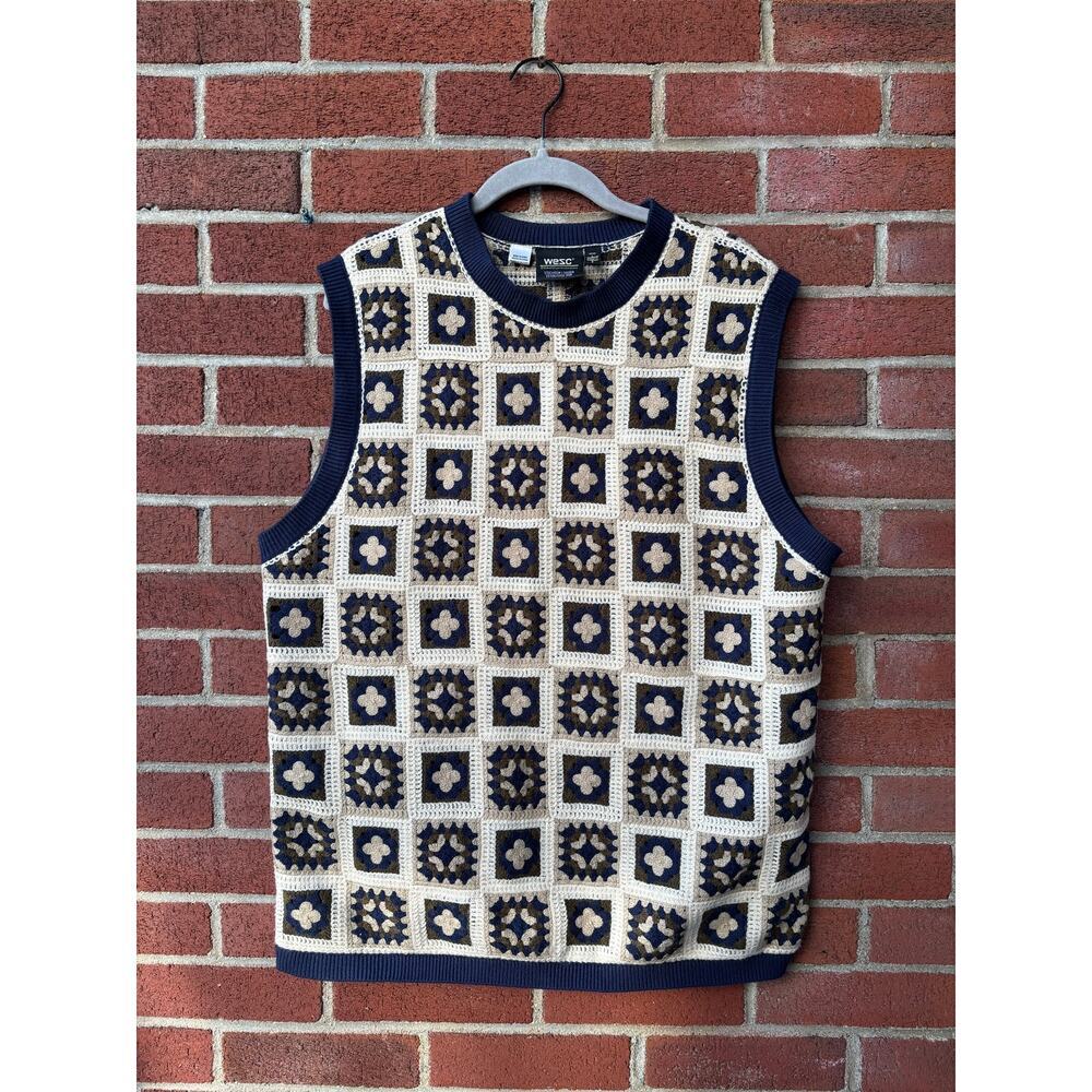 WESC Crochet Sweater Vest Size S Navy Cream Granny Square Knit Boho Unisex - Picture 2 of 11